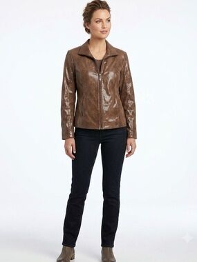 Preston & York Brown Glossy Leather Zip Jacket Vintage Medium